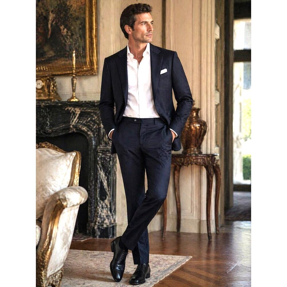 Santorelli Luxury Navy Wool Dress Pants 34 Loro Piana Italy Slim Flat Front